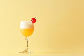 Whiskey sour cocktail with cherry against yellow background