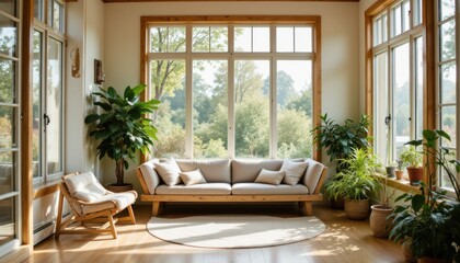 Bright and Airy Living Room with Large Windows Overlooking Lush Greenery and Cozy Furniture