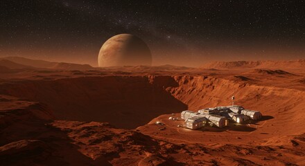 Futuristic mars colony base in red rocky martian landscape with large planet visible in dark sky. Space exploration and colonization concept. Scientific research station