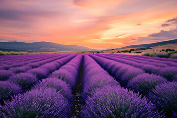 A rolling lavender field in full bloom, with purple flowers stretching endlessly under a pink and orange sunset sky.