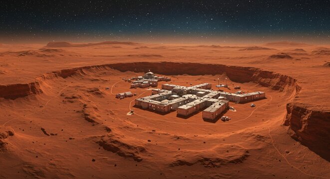 Mars colony scientific research base in red desert landscape at sunset. Futuristic space settlement with buildings and modules on martian surface with copy space - Powered by Adobe