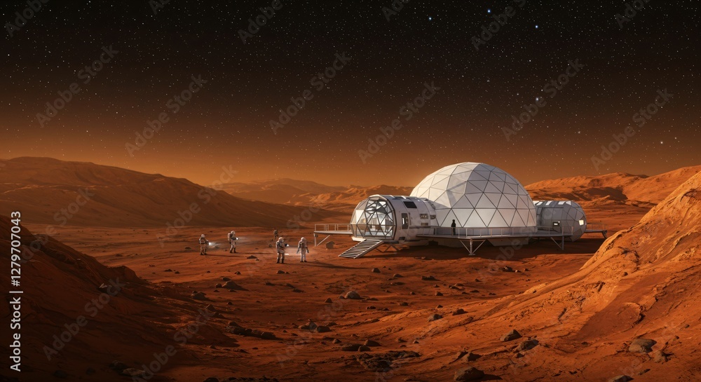 Poster futuristic space base colony on mars surface with dome structures and mountains at night. martian la