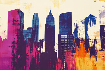 A city skyline in risograph print, where buildings have exaggerated proportions, heavy ink textures, and vibrant, eye catching color transitions.