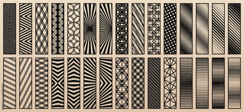 Aufkleber Big vector bundle of 30 templates for laser cut. Trendy design with abstract geometric patterns, modern linear ornaments. Stencils for CNC cutting of wood, paper, metal, plastic. Aspect ratio 1:4