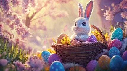 Easter bunny surrounded by colorful eggs spring garden whimsical scene