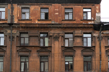 Minimalist architecture building facade of old historic house exterior. Decorative ornamental...