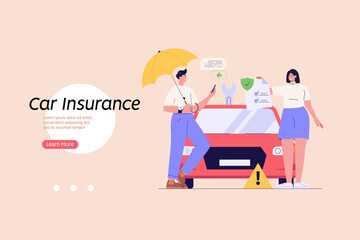 Car Insurance Vector illustration. People Buying Car Insurance and Signing Form with Red Auto. Concept of Car Insurance Services, Protection Property, Road Accident for Landing Page and Web Design