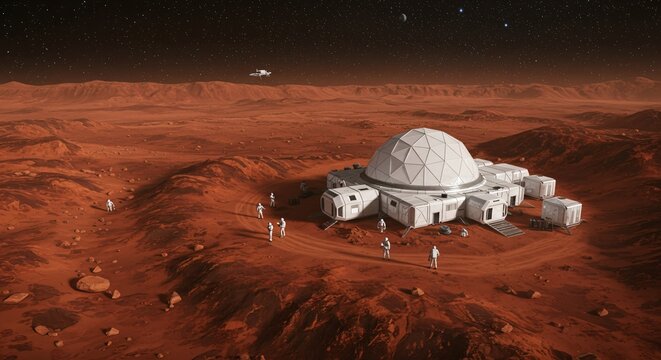 Future mars colony with white dome shaped buildings on red planet surface. Space exploration concept. Astronaut settlement visualization with habitat modules and living quarters