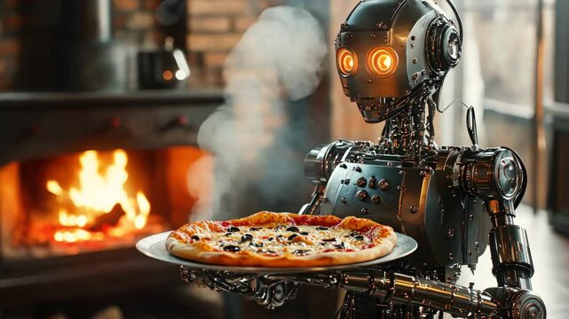 Robot chef serving freshly baked pizza in a cozy rustic kitchen by the fireplace