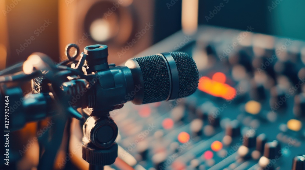 Poster close-up of a microphone on a sound mixer in a vibrant recording studio setting