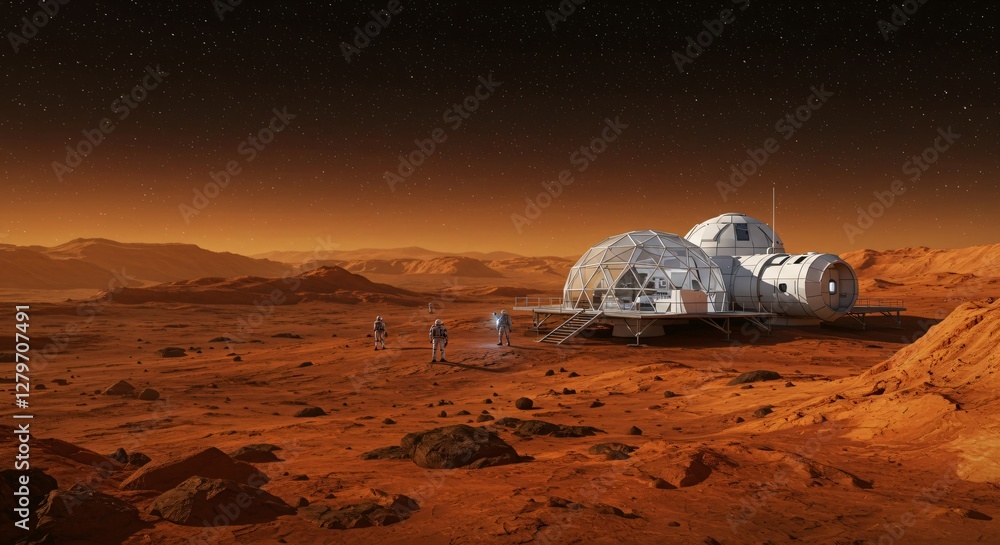 Poster future mars colony base with astronauts exploring red planet surface. space habitat module and resea
