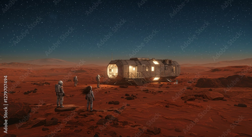 Poster astronauts exploring mars surface near illuminated habitat module at night. space colonization conce