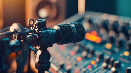 Close-up of a microphone on a sound mixer in a vibrant recording studio setting