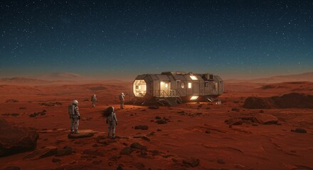 Astronauts exploring Mars surface near illuminated habitat module at night. Space colonization concept with futuristic base station and red desert landscape under starry sky