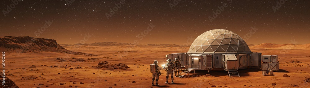 Poster futuristic martian base with astronauts and dome habitat on red planet surface. mars colonization co