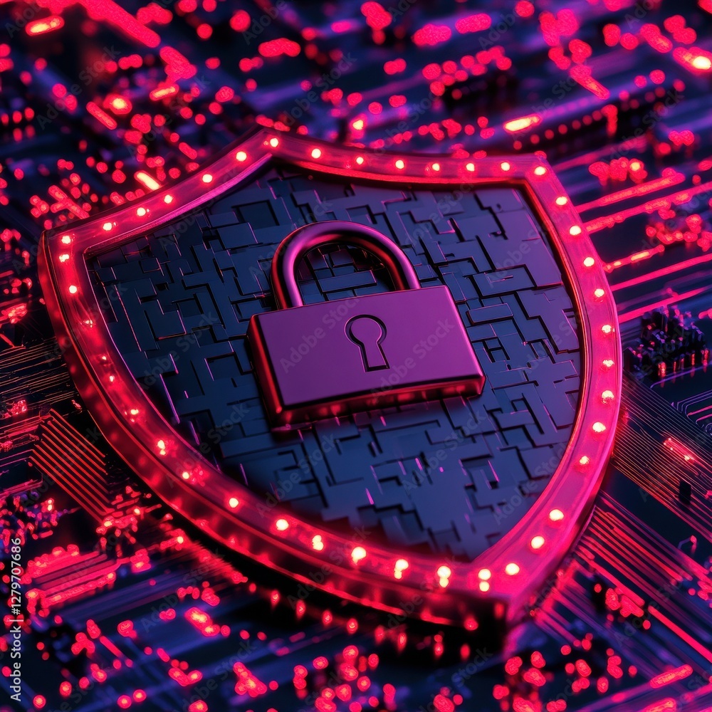 Poster a digital shield symbolizing cybersecurity, featuring a padlock set against a circuit board backdrop