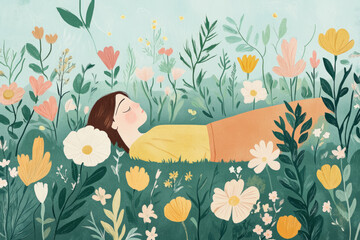 A calm illustration of a person lying in a peaceful garden, surrounded by blooming flowers, symbolizing the healing journey and the peacefulness of recovery.