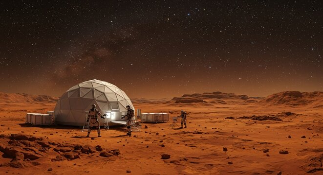 Mars colonization concept with geodesic dome habitat and astronauts on red planet surface under stars. Future space exploration and human settlement on martian landscape