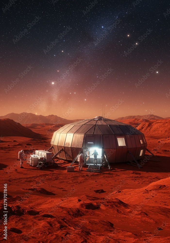 Poster futuristic mars base colony with illuminated dome habitat and exploration vehicle on red planet surf