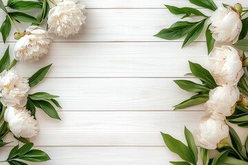 White Peonies Frame on a White Wooden Background.