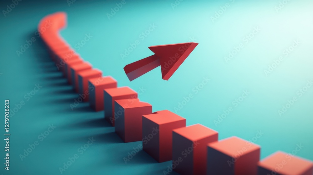 Poster abstract representation of progress with red blocks and an upward arrow on a blue background