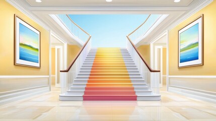 Obraz premium Bright interior staircase with colorful steps and artwork on the walls.