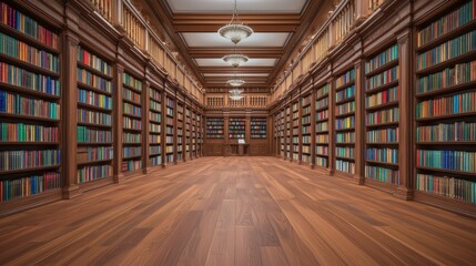 Fototapeta premium Grand library interior with wooden shelves filled with colorful books and a polished wooden floor.