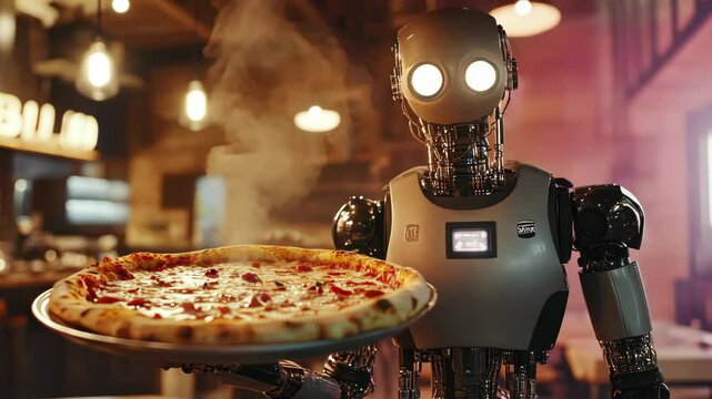 Futuristic robot chef serving hot pizza in modern restaurant
