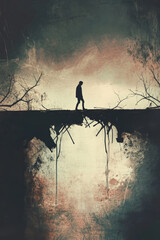 A poetic and hopeful illustration of a person walking across a broken bridge that repairs itself as they step forward, symbolizing healing, trust, and new beginnings.