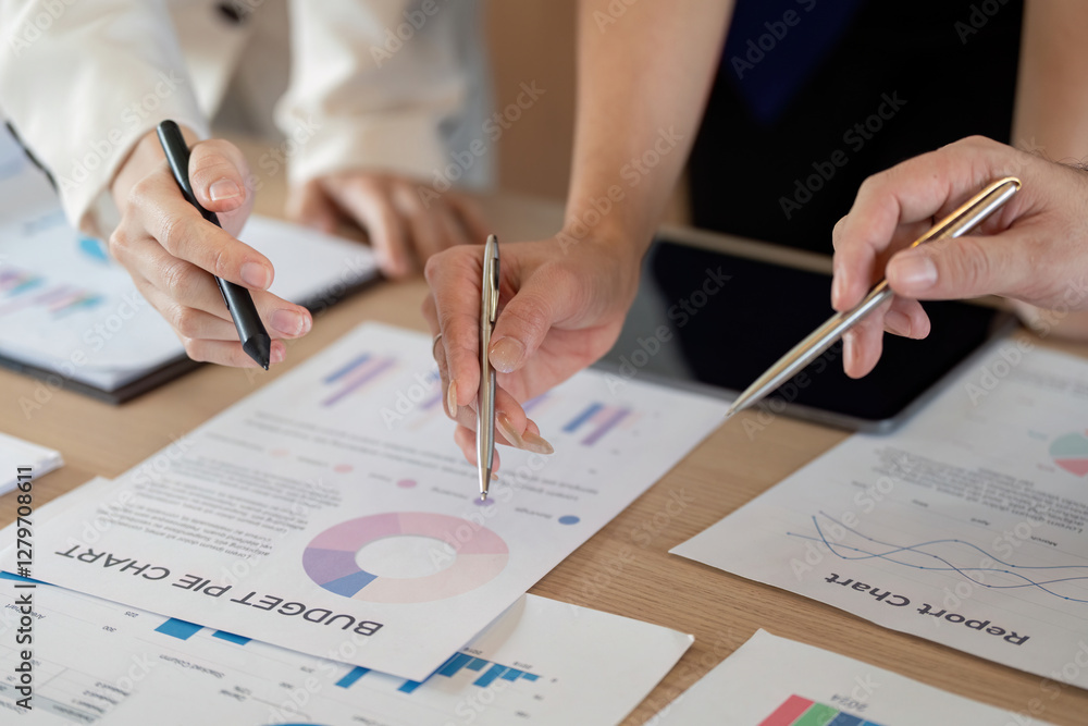 Aufkleber business team members analyzing budget pie chart and data reports during a meeting, discussing finan