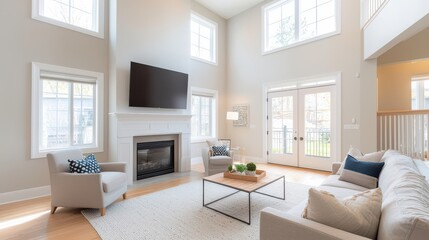 Fototapeta premium Modern living room with high ceilings, large windows, and stylish furniture.