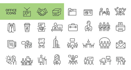 Office icons. Set of 31 office trendy minimal icons. Example: desk, suit, presentation, office chair, computer icon. Design signs for web page, mobile app, packaging design. Vector illustration.