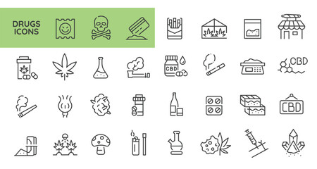 Pharmaceuticals and Drugs icons. Set of 31 minimalist icons related to medical and recreational substances. Examples: marihuana ,cbd, capsules. Vector illustration.