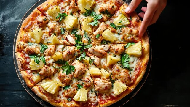Delicious pineapple and chicken pizza with fresh herbs