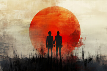 A powerful digital painting of two figures standing side by side in front of a rising sun, their shadows stretching behind them, symbolizing the resilience and strength in enduring tough times