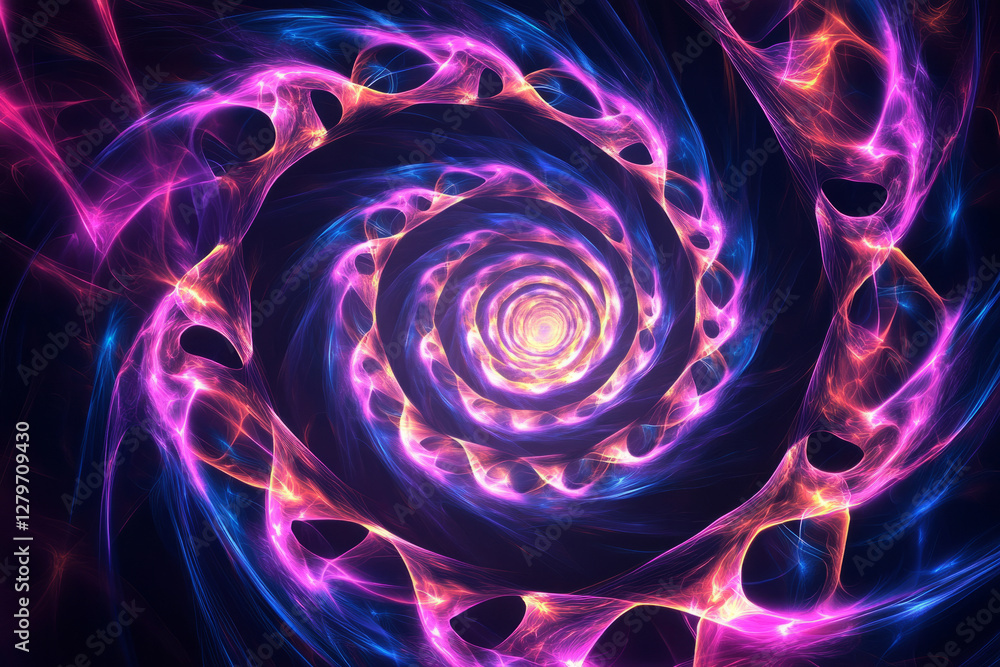 Poster a mesmerizing fractal pattern of glowing neon spirals, forming an infinite vortex of color and movem