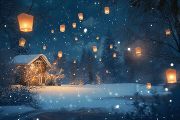 A snowy New Year's Eve landscape with glowing lanterns floating into the night sky, illuminating the peaceful scene.