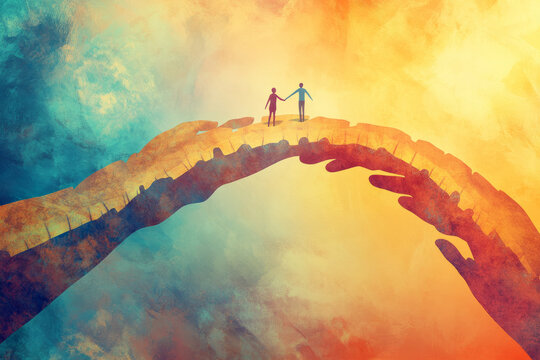 A symbolic and artistic illustration of a bridge made of helping hands, guiding a person across a difficult path, representing support, mentorship, and kindness.