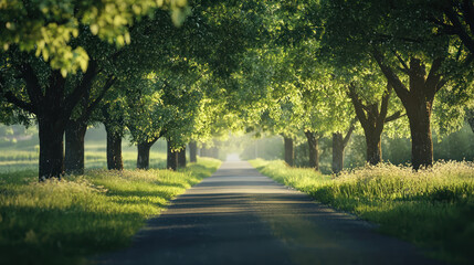 Obraz premium A peaceful countryside road lined with trees, bathed in soft light, invites sense of tranquility and happiness