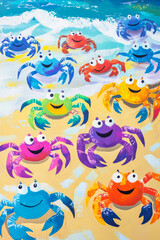 A colorful, fun illustration of a group of friendly crabs walking along a beach, their shells in various bright hues, each crab looking cheerful and quirky.