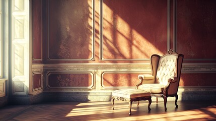 Elegant armchair, ottoman, sunlit room, palace interior, design inspiration