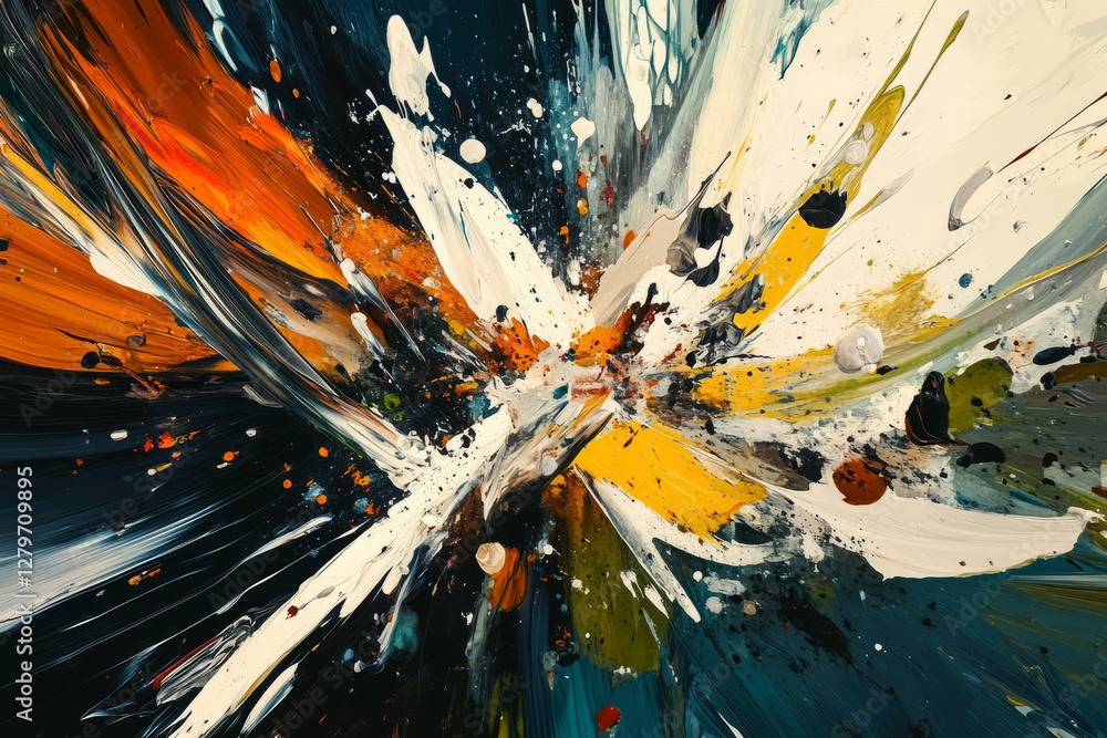 Poster a high energy abstract explosion of paint splashes and dynamic brushstrokes, creating a chaotic yet 