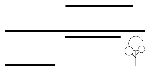 Horizontal black lines of varying lengths and minimalist tree with circular foliage. Ideal for art, balance, design, minimalism, nature, modern aesthetics, abstract line flat metaphor