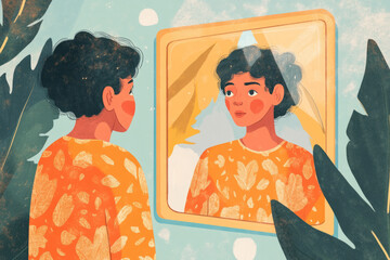 A dreamy and inspiring illustration of a person looking at themselves in the mirror, their reflection filled with self love and confidence, symbolizing self acceptance and emotional recovery.