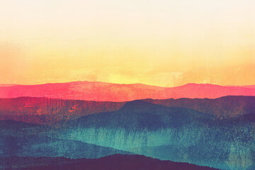 A grainy risograph sunset, where abstract mountains fade into the horizon with vibrant color shifts and imperfect ink textures.