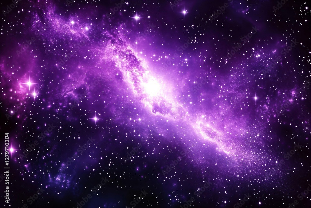 Wall mural cosmic space background with bright purple nebula and glowing stars in dark universe. galaxy cluster