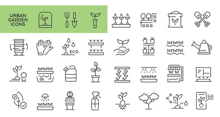 Urban farming icons. Set of 31 urban farming trendy minimal icons. Seedling, watering, home cultivation, vertical farming. Design signs for web page, mobile app, packaging design. Vector illustration.