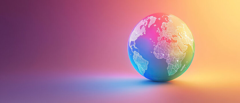 A globe with rainbow highlights symbolizes global rights activism and pride month, set against vibrant map background