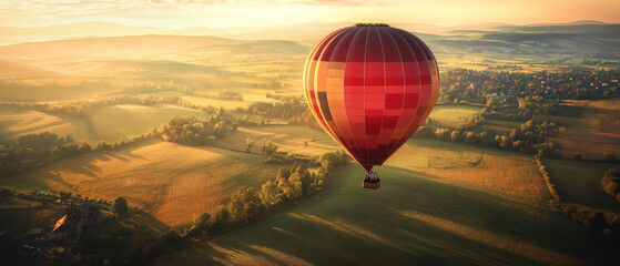 Obraz premium A hot air balloon floats above peaceful landscape, capturing essence of adventure and serenity