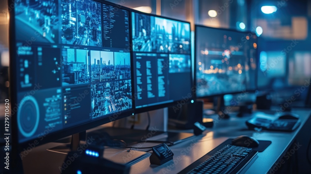 Poster multiple computer screens displaying real time data feeds, charts, and surveillance footage, illustr